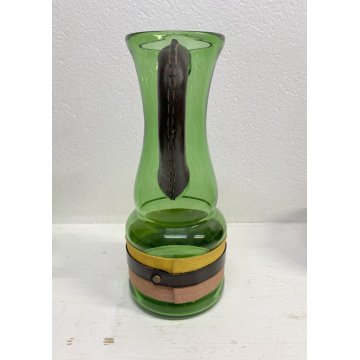 SET 6 BICCHIERI 1 BROCCA VINTAGE VETRO VERDE BORDATO MOTIVO BRIGLIE EQUESTRI '70