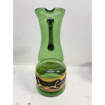 SET 6 BICCHIERI 1 BROCCA VINTAGE VETRO VERDE BORDATO MOTIVO BRIGLIE EQUESTRI '70