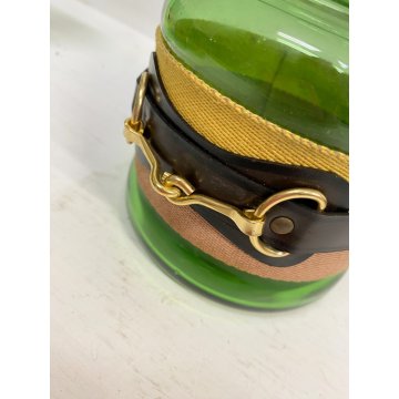 SET 6 BICCHIERI 1 BROCCA VINTAGE VETRO VERDE BORDATO MOTIVO BRIGLIE EQUESTRI '70