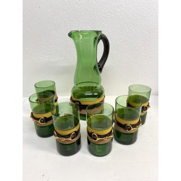 SET 6 BICCHIERI 1 BROCCA VINTAGE VETRO VERDE BORDATO MOTIVO BRIGLIE EQUESTRI '70