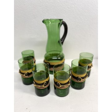 SET 6 BICCHIERI 1 BROCCA VINTAGE VETRO VERDE BORDATO MOTIVO BRIGLIE EQUESTRI '70