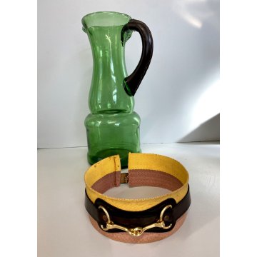SET 6 BICCHIERI 1 BROCCA VINTAGE VETRO VERDE BORDATO MOTIVO BRIGLIE EQUESTRI '70