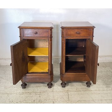 ANTICA COPPIA COMODINI STILE UMBERTINO LEGNO NOCE 1800 COMODINO CASSETTO ANTA