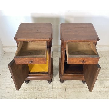 ANTICA COPPIA COMODINI STILE UMBERTINO LEGNO NOCE 1800 COMODINO CASSETTO ANTA