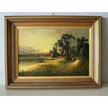 ANTICO GRANDE DIPINTO OLIO TELA R.Watts PAESAGGIO NORDICO COTTAGE WITH LANDSCAPE