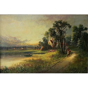 ANTICO GRANDE DIPINTO OLIO TELA R.Watts PAESAGGIO NORDICO COTTAGE WITH LANDSCAPE