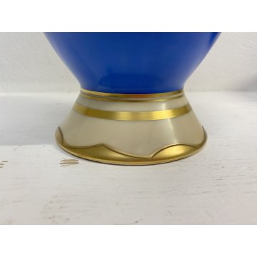 VASO VINTAGE PORCELLANA Roloff Münster AZZURRO DECORO FLOREALE ORO GERMANY '50