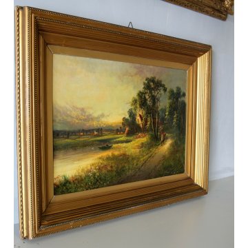 ANTICO GRANDE DIPINTO OLIO TELA R.Watts PAESAGGIO NORDICO COTTAGE WITH LANDSCAPE