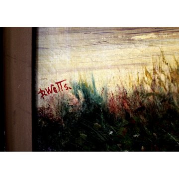 ANTICO GRANDE DIPINTO OLIO TELA R.Watts PAESAGGIO NORDICO COTTAGE WITH LANDSCAPE