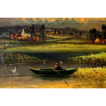 ANTICO GRANDE DIPINTO OLIO TELA R.Watts PAESAGGIO NORDICO COTTAGE WITH LANDSCAPE