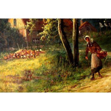ANTICO GRANDE DIPINTO OLIO TELA R.Watts PAESAGGIO NORDICO COTTAGE WITH LANDSCAPE