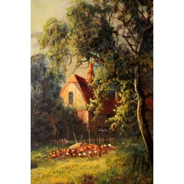 ANTICO GRANDE DIPINTO OLIO TELA R.Watts PAESAGGIO NORDICO COTTAGE WITH LANDSCAPE