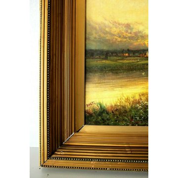 ANTICO GRANDE DIPINTO OLIO TELA R.Watts PAESAGGIO NORDICO COTTAGE WITH LANDSCAPE