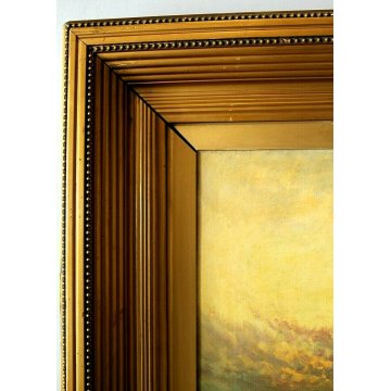 ANTICO GRANDE DIPINTO OLIO TELA R.Watts PAESAGGIO NORDICO COTTAGE WITH LANDSCAPE