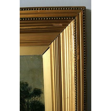 ANTICO GRANDE DIPINTO OLIO TELA R.Watts PAESAGGIO NORDICO COTTAGE WITH LANDSCAPE