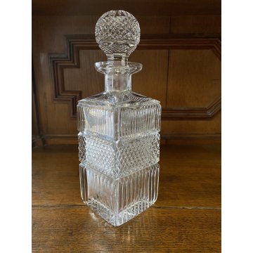 VINTAGE SQUARE WHISKY DECANTER CRISTALLO MOLATO TAGLIO DIAGONALE 26,5 cm/h '70s