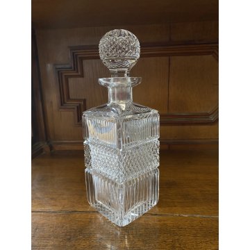 VINTAGE SQUARE WHISKY DECANTER CRISTALLO MOLATO TAGLIO DIAGONALE 26,5 cm/h '70s