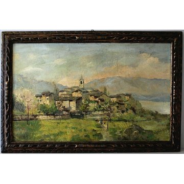 ANTICO GRANDE QUADRO A.Catalani PAESAGGIO MONTANO BORGO ALPINO CAMPANILE LAGO 