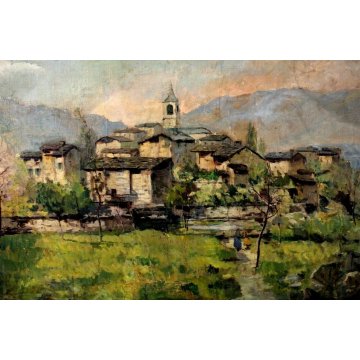 ANTICO GRANDE QUADRO A.Catalani PAESAGGIO MONTANO BORGO ALPINO CAMPANILE LAGO 