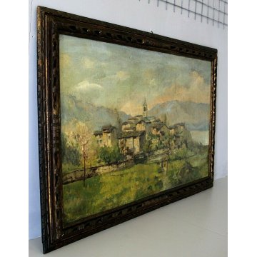 ANTICO GRANDE QUADRO A.Catalani PAESAGGIO MONTANO BORGO ALPINO CAMPANILE LAGO 