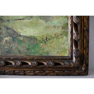 ANTICO GRANDE QUADRO A.Catalani PAESAGGIO MONTANO BORGO ALPINO CAMPANILE LAGO 