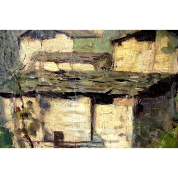 ANTICO GRANDE QUADRO A.Catalani PAESAGGIO MONTANO BORGO ALPINO CAMPANILE LAGO 