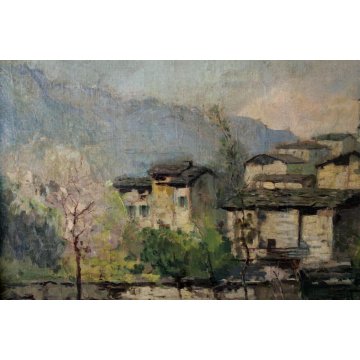 ANTICO GRANDE QUADRO A.Catalani PAESAGGIO MONTANO BORGO ALPINO CAMPANILE LAGO 