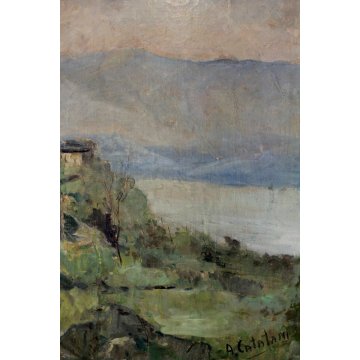 ANTICO GRANDE QUADRO A.Catalani PAESAGGIO MONTANO BORGO ALPINO CAMPANILE LAGO 