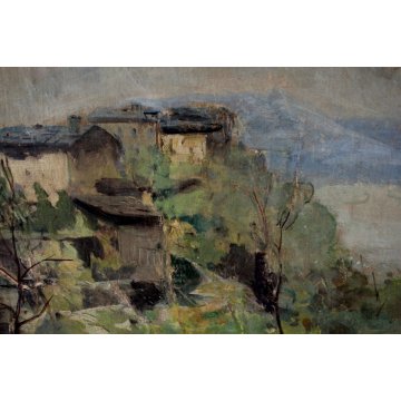 ANTICO GRANDE QUADRO A.Catalani PAESAGGIO MONTANO BORGO ALPINO CAMPANILE LAGO 