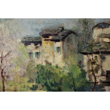 ANTICO GRANDE QUADRO A.Catalani PAESAGGIO MONTANO BORGO ALPINO CAMPANILE LAGO 