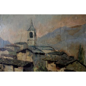 ANTICO GRANDE QUADRO A.Catalani PAESAGGIO MONTANO BORGO ALPINO CAMPANILE LAGO 