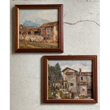 COPPIA DIPINTO OLIO PAESAGGIO SCORCIO VITA RURALE CASALI FIGURE CONTADINI FIRMA