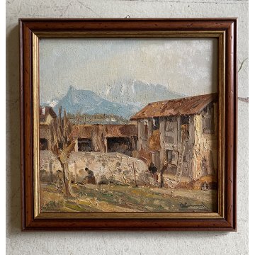 COPPIA DIPINTO OLIO PAESAGGIO SCORCIO VITA RURALE CASALI FIGURE CONTADINI FIRMA