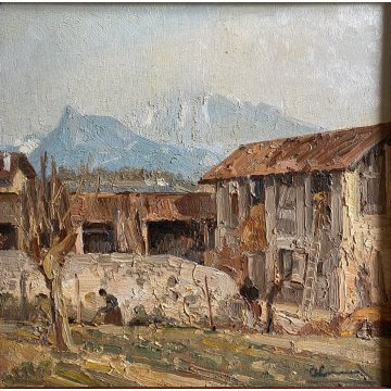 COPPIA DIPINTO OLIO PAESAGGIO SCORCIO VITA RURALE CASALI FIGURE CONTADINI FIRMA