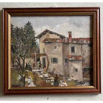 COPPIA DIPINTO OLIO PAESAGGIO SCORCIO VITA RURALE CASALI FIGURE CONTADINI FIRMA