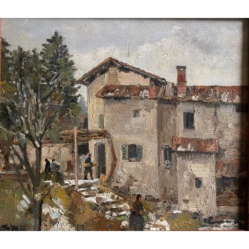 COPPIA DIPINTO OLIO PAESAGGIO SCORCIO VITA RURALE CASALI FIGURE CONTADINI FIRMA