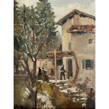 COPPIA DIPINTO OLIO PAESAGGIO SCORCIO VITA RURALE CASALI FIGURE CONTADINI FIRMA