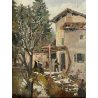COPPIA DIPINTO OLIO PAESAGGIO SCORCIO VITA RURALE CASALI FIGURE CONTADINI FIRMA