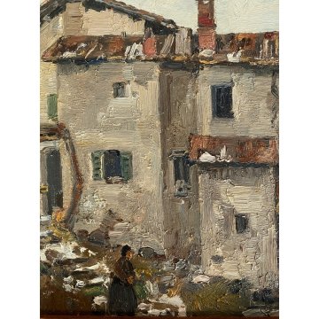 COPPIA DIPINTO OLIO PAESAGGIO SCORCIO VITA RURALE CASALI FIGURE CONTADINI FIRMA