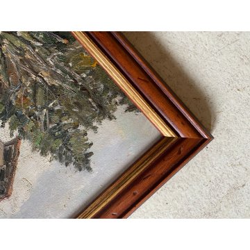 COPPIA DIPINTO OLIO PAESAGGIO SCORCIO VITA RURALE CASALI FIGURE CONTADINI FIRMA