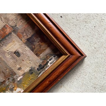 COPPIA DIPINTO OLIO PAESAGGIO SCORCIO VITA RURALE CASALI FIGURE CONTADINI FIRMA