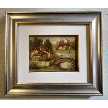 QUADRO DIPINTO OLIO su RAME Luciano Lutring PAESAGGIO RURALE FIUME PONTE 1995