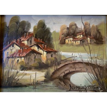 QUADRO DIPINTO OLIO su RAME Luciano Lutring PAESAGGIO RURALE FIUME PONTE 1995