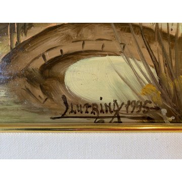 QUADRO DIPINTO OLIO su RAME Luciano Lutring PAESAGGIO RURALE FIUME PONTE 1995