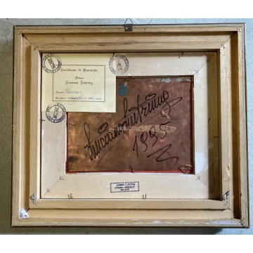 QUADRO DIPINTO OLIO su RAME Luciano Lutring PAESAGGIO RURALE FIUME PONTE 1995
