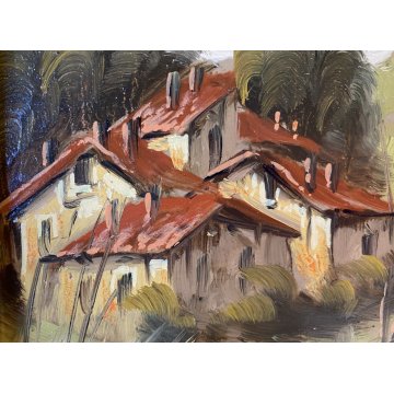 QUADRO DIPINTO OLIO su RAME Luciano Lutring PAESAGGIO RURALE FIUME PONTE 1995