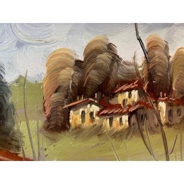 QUADRO DIPINTO OLIO su RAME Luciano Lutring PAESAGGIO RURALE FIUME PONTE 1995