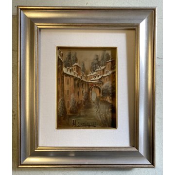 QUADRO DIPINTO OLIO RAME Luciano Lutring PAESAGGIO ANTICO BORGO FIUME PONTE 1995
