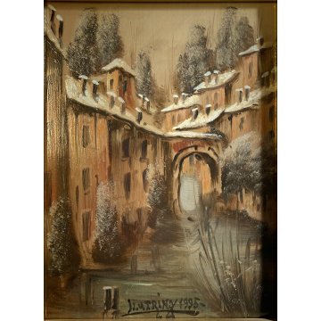 QUADRO DIPINTO OLIO RAME Luciano Lutring PAESAGGIO ANTICO BORGO FIUME PONTE 1995