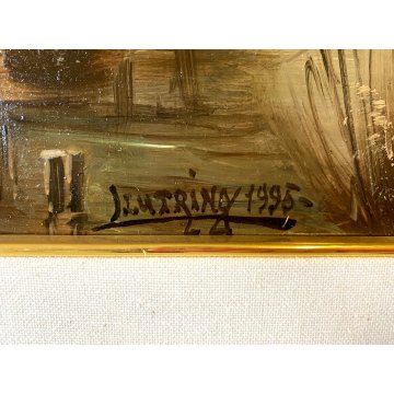 QUADRO DIPINTO OLIO RAME Luciano Lutring PAESAGGIO ANTICO BORGO FIUME PONTE 1995